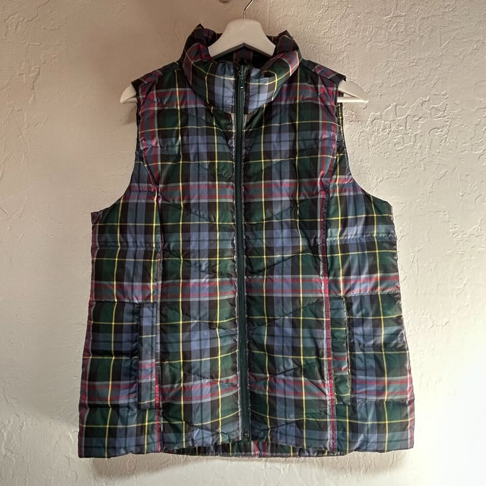 Lands' End Womens Plaid Quilted Down Zippered Mock Neck Puffer Vest Medium 10-12
